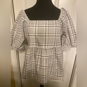 Black and White Puff Sleeve Peplum Blouse